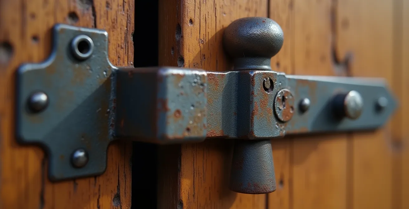 Gros plan sur les charnières et fixations d'une porte d'abri montrant les points de vulnérabilité