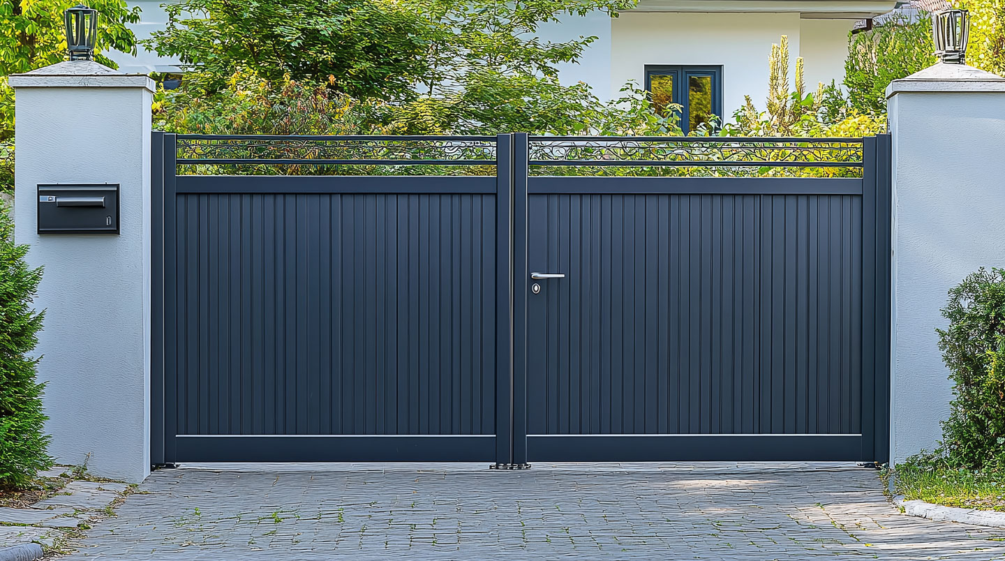 Gros plan sur un angle de portail en aluminium anthracite montrant un assemblage par emboîtement sans aucune vis visible, avec une finition lisse et homogène