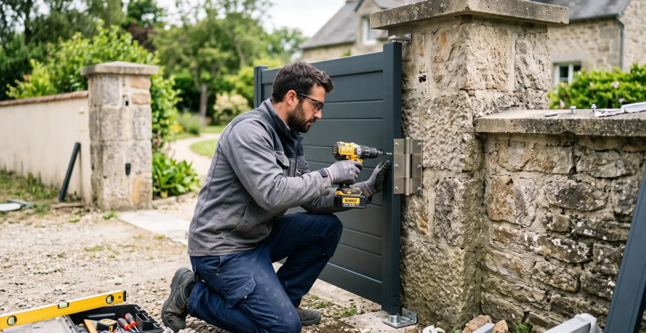Artisan menuisier installant un portail en aluminium thermolaqué sur des piliers maçonnés d'une entrée de propriété