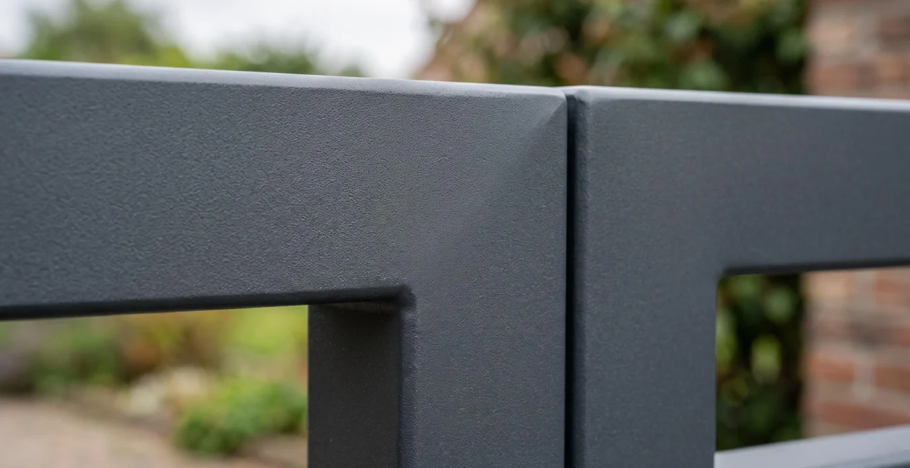Gros plan détaillé de la finition thermolaquée sur la surface d'un portail en aluminium montrant la texture et la qualité du revêtement