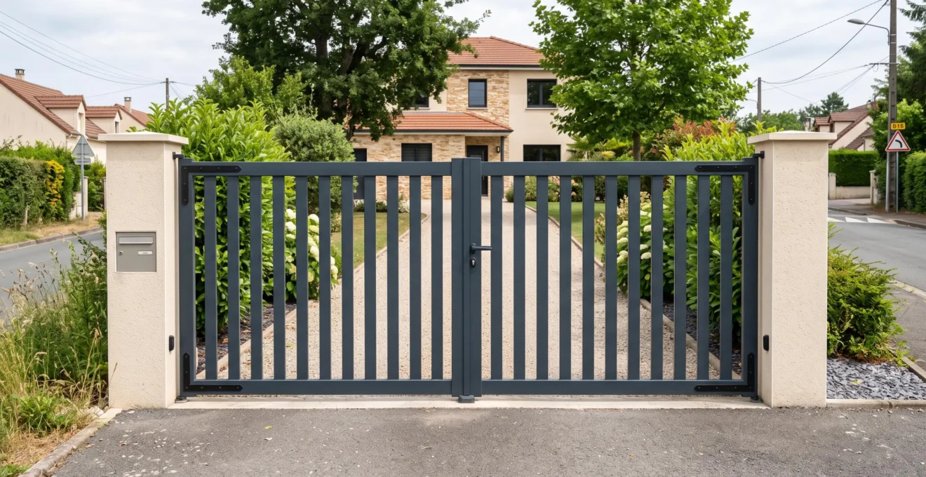 Portail battant en aluminium thermolaqué anthracite installé à l'entrée d'une propriété résidentielle française contemporaine